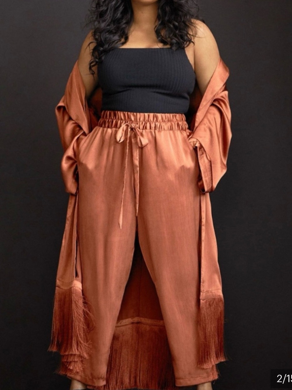 ELOQUII Rust Copper Satin Open Duster with Fringe Pant Set – Size 18